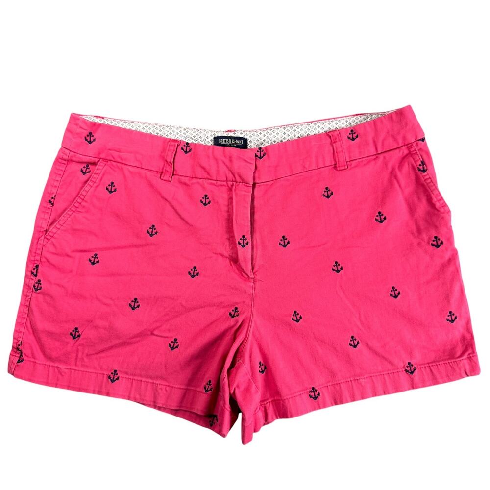 British Khaki Chino Shorts Women Size 12 Pink Anchor Embroidered Nautical Preppy